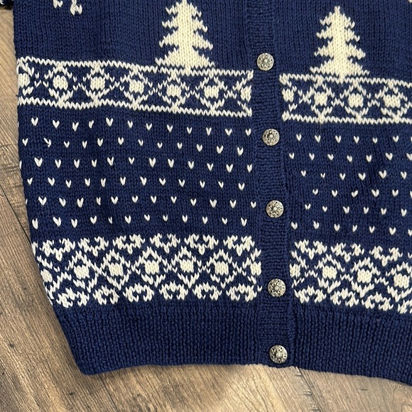 VINTAGE Cardigan Hand Knit “One of a Kind” Wool Sweater Navy Blue Size Large - Picture 3 of 11